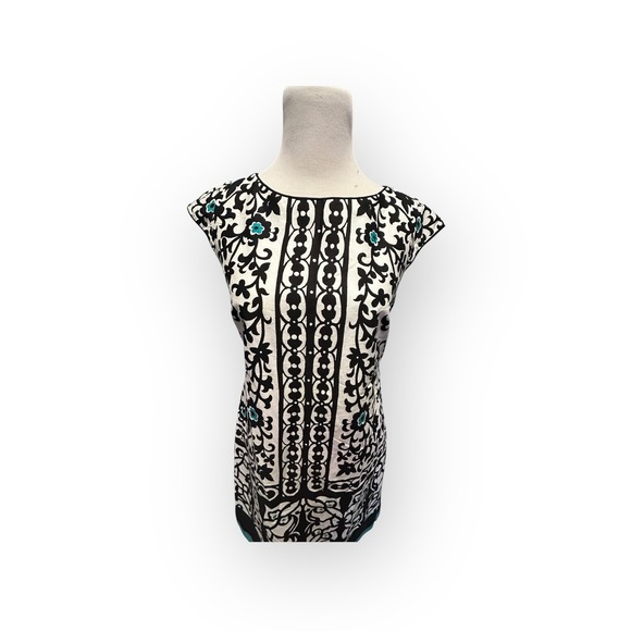 Liz Claiborne Dresses & Skirts - Liz Claiborne Sheath Dress Size 6 Black White Turquoise‎ Scroll Border Print